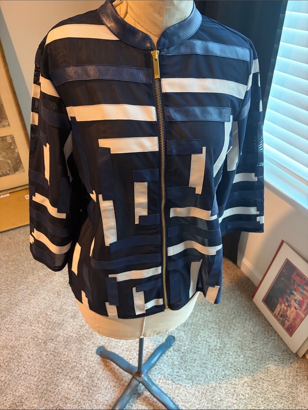 Navy and White Geometric Faux leather Bomber Jacket